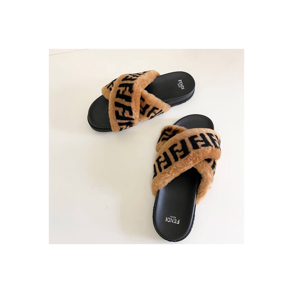 Fendi Logo Shearling Fur Slides Sandals F126