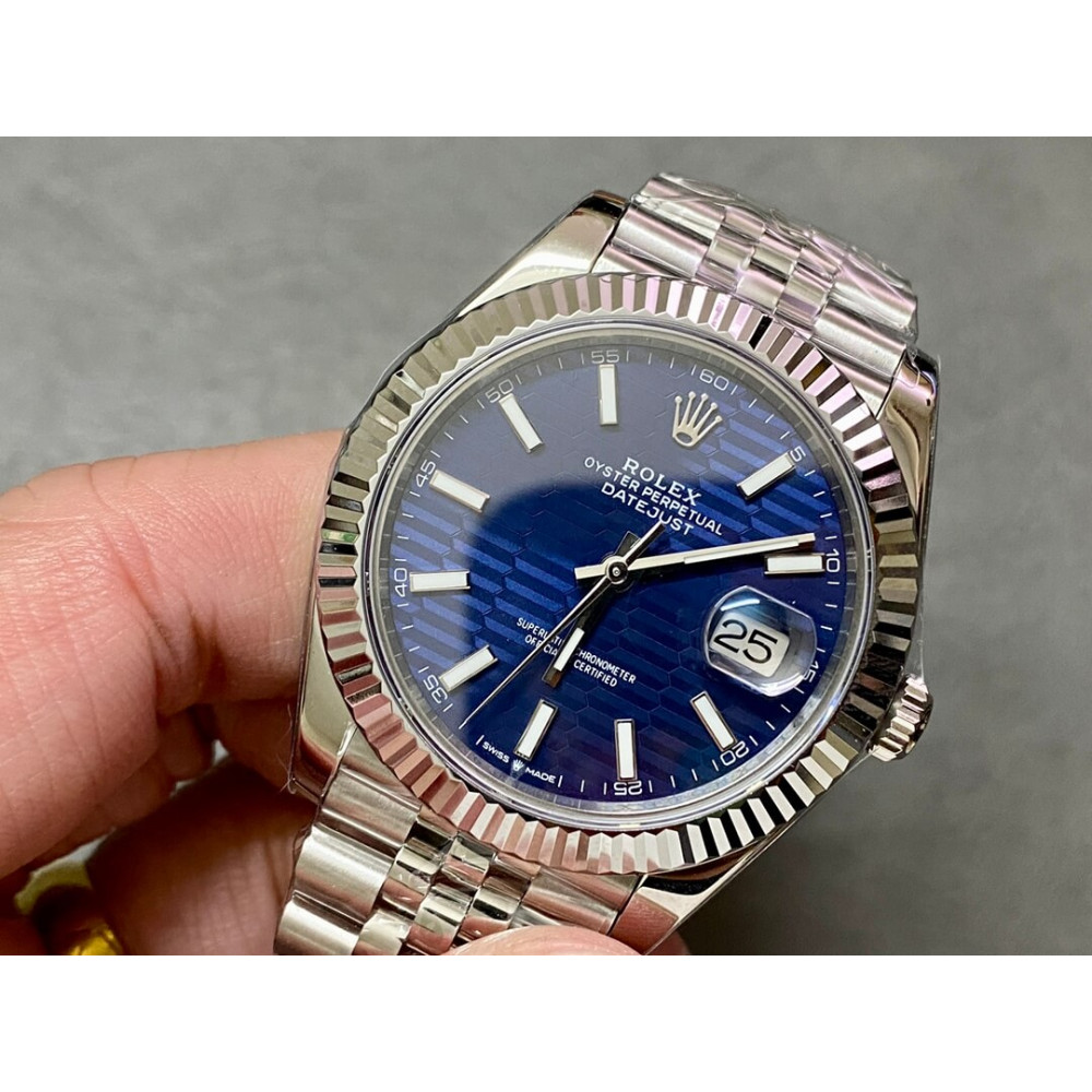 Rolex Datejust 41mm Blue Motif Dial Jubilee Stainless Steel Automatic Fluted Bezel