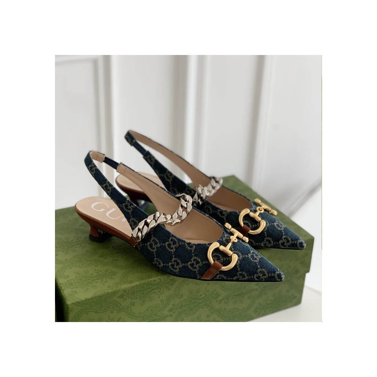 Gucci GG Horsebit Denim Low Slingback Strap Pumps