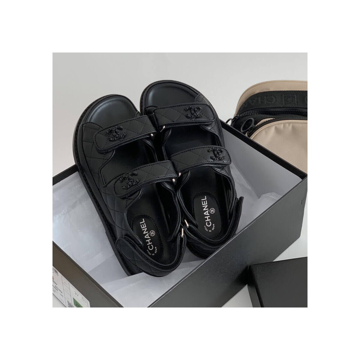 Chanel Caviar Gold CC Logo Velcro Dad Sandals G35927 Black