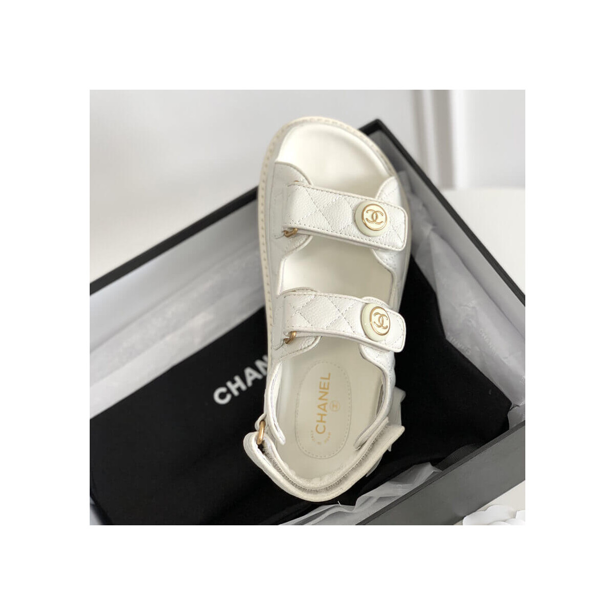 Chanel CC Button Velcro Sandals Grained Calfskin Leather 261157