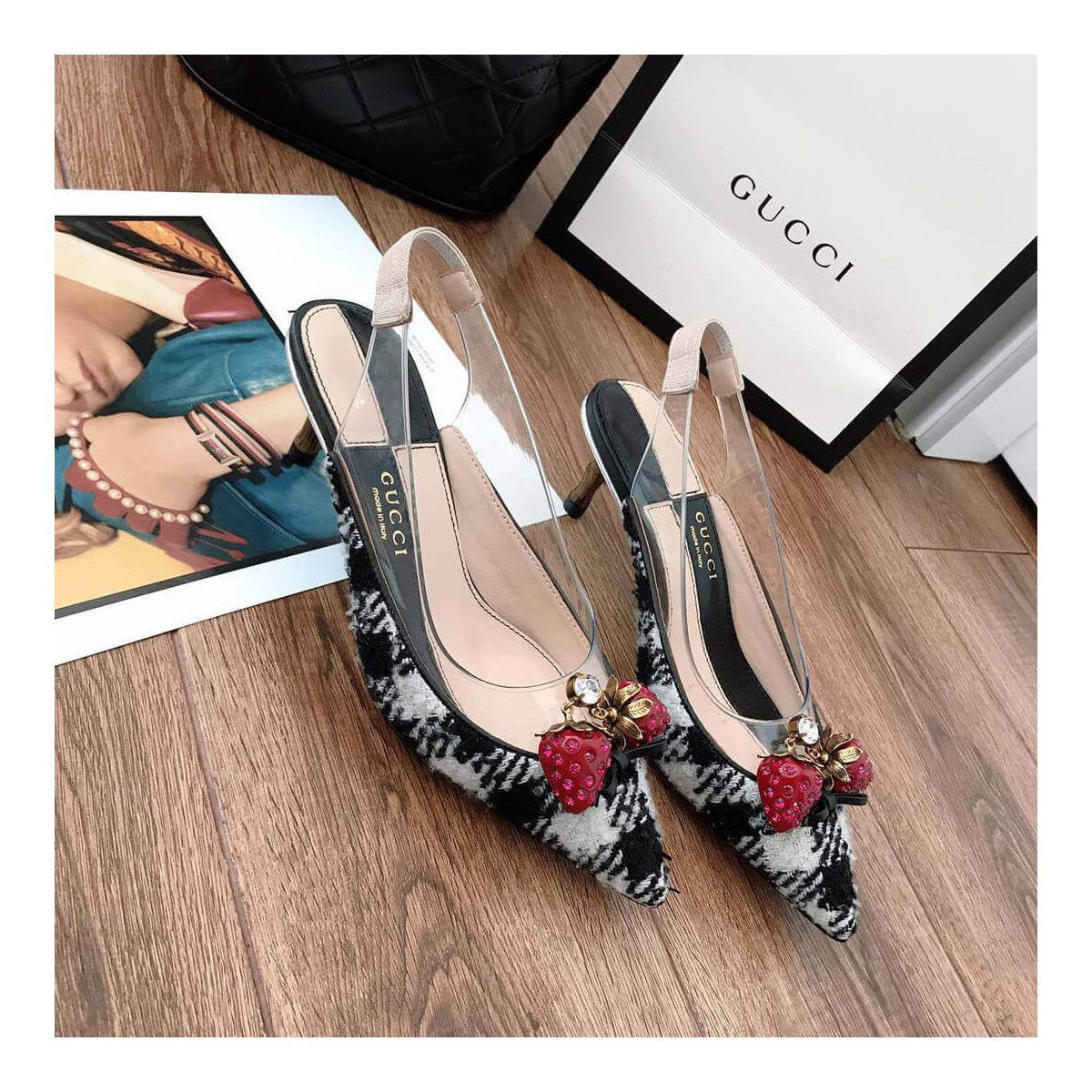 Gucci Eleonor Crystal-Strawberry Tweed Slingback Pumps 286148 Black