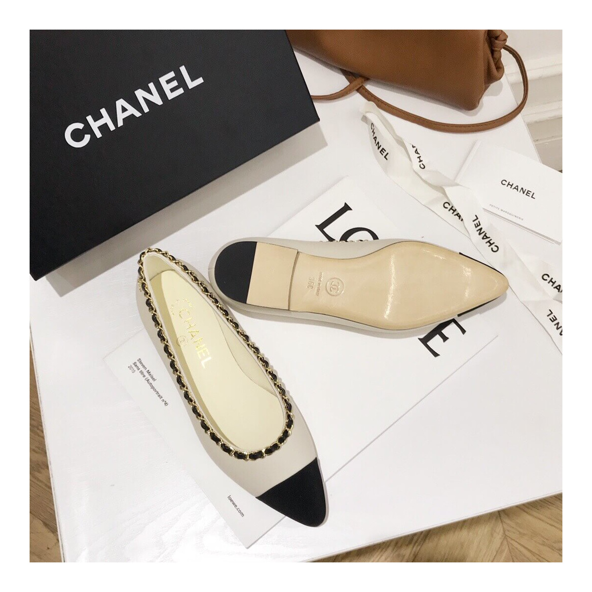 Chanel Grosgrain and Lambskin Chain Flats Ballerinas G35389