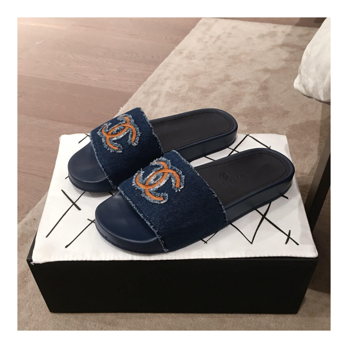 Chanel Denim Logo Sandal Mules G35781