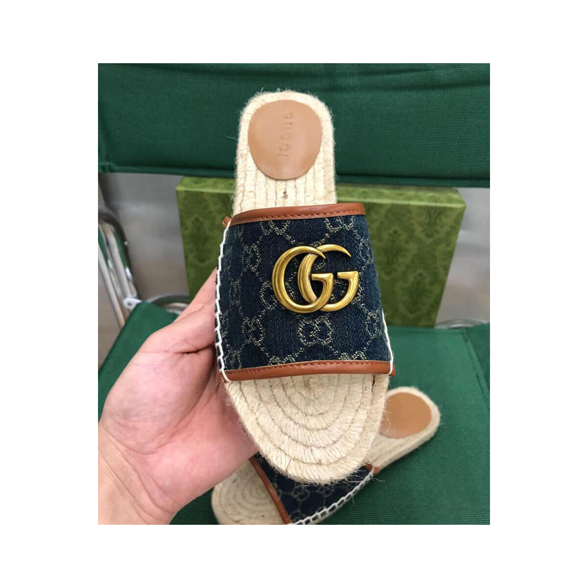 Gucci Pilar Double G Denim Slide Sandal