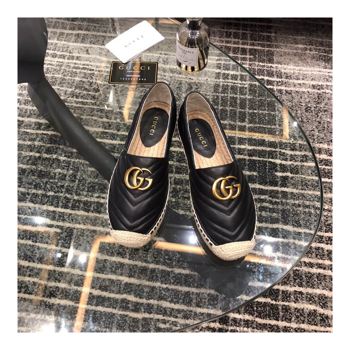 Gucci Chevron Leather Espadrille With Double G 551890 Black