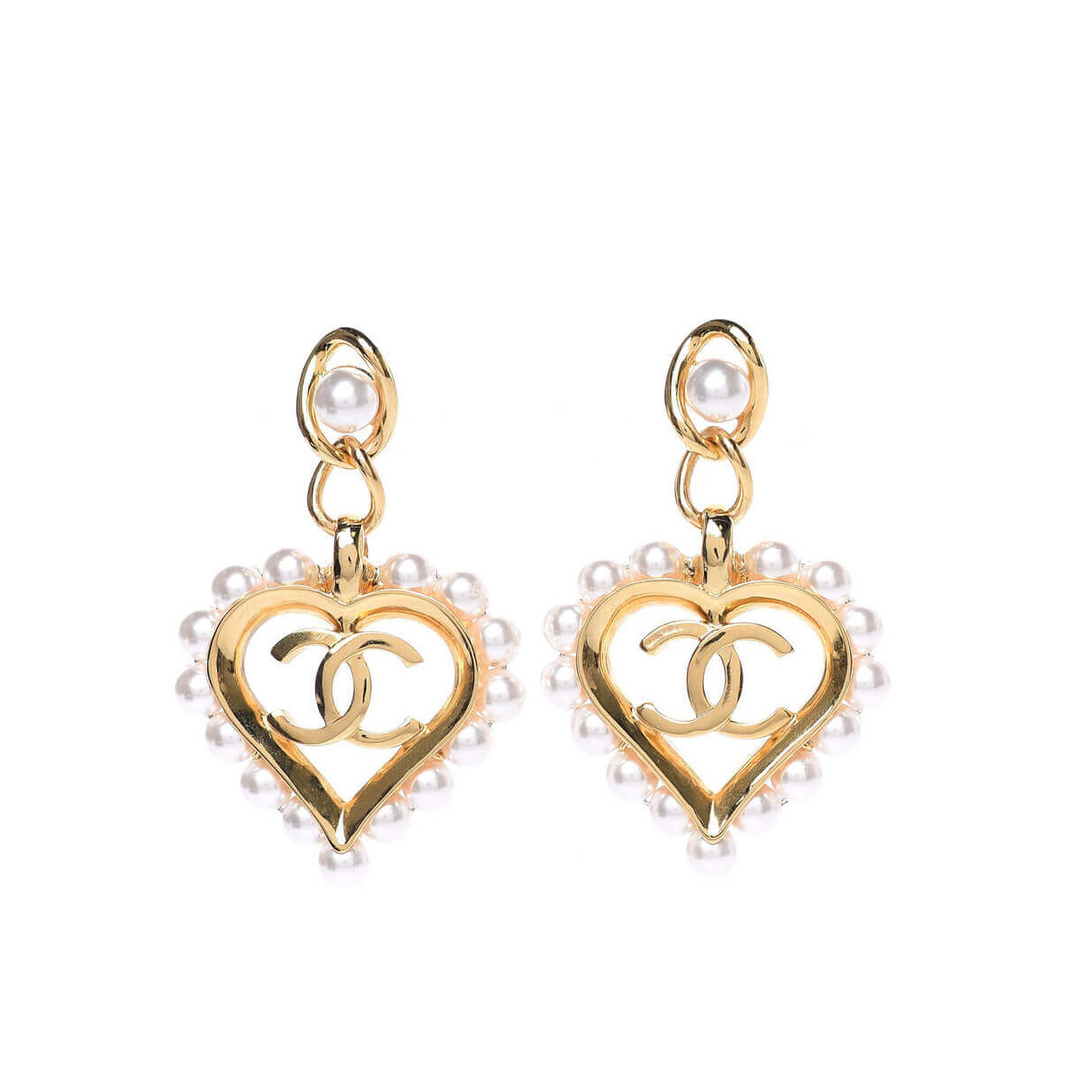 Chanel Pearl Heart CC Drop Earrings 481991