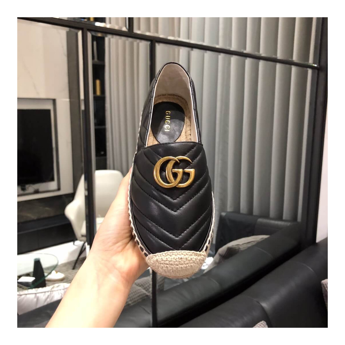 Gucci Chevron Leather Espadrille With Double G 551890 Black