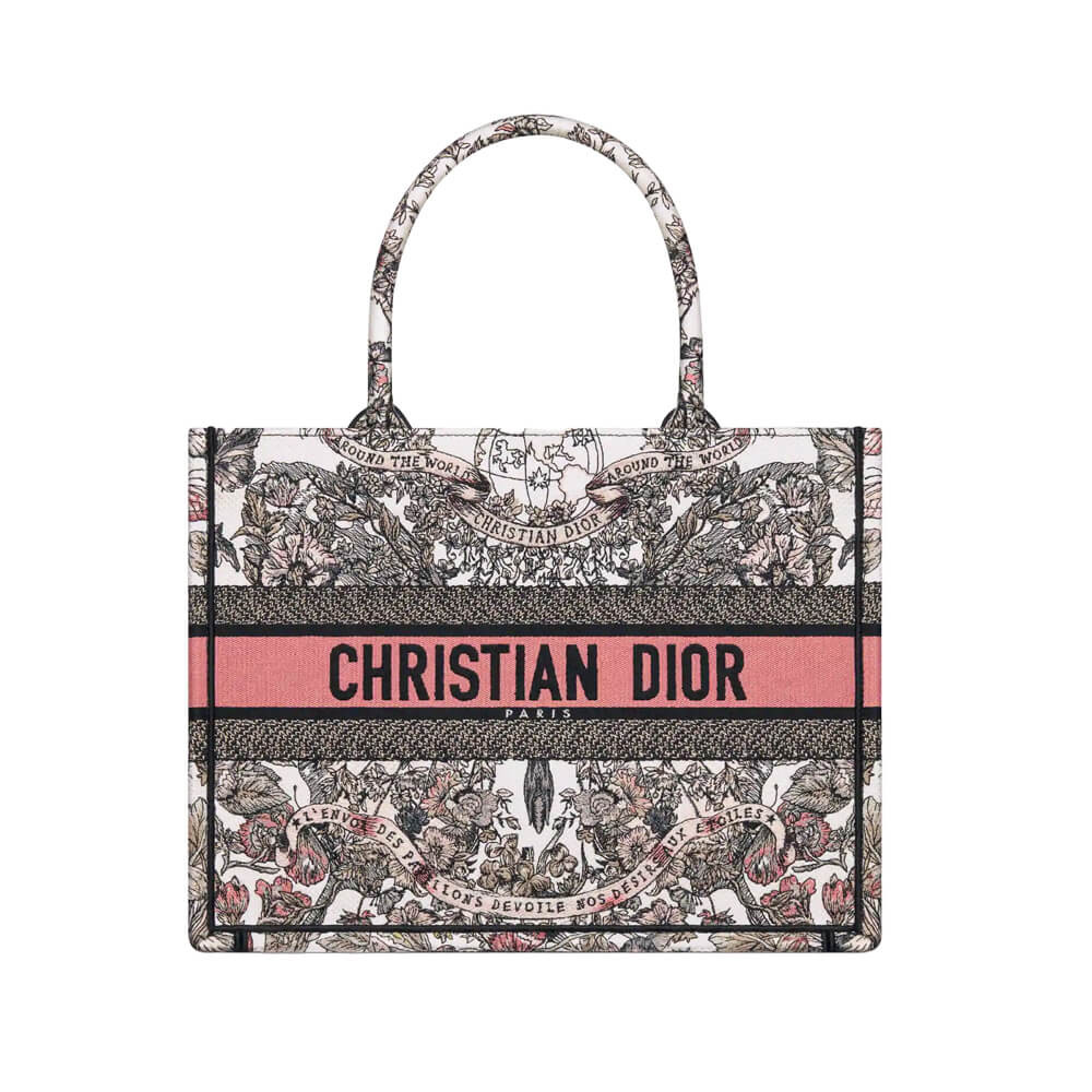 Dior Book Tote White and Pastel Pink Butterfly Around The World Embroidery