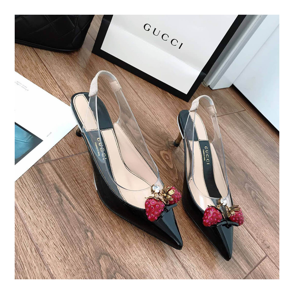 Gucci Eleonor Strawberry Patent Slingback Pumps 286148 Black