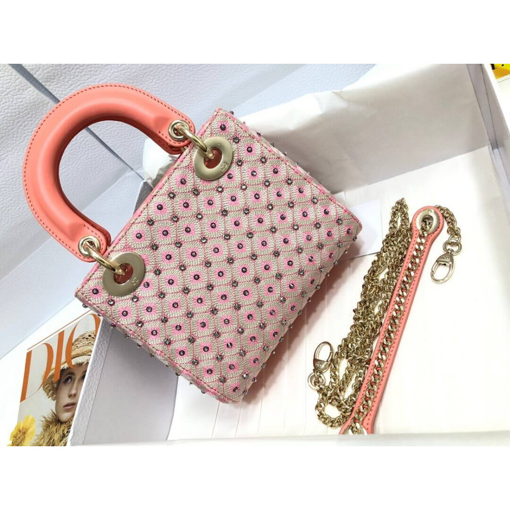 Lady Dior Mini Coral Pink Two-Tone Thread Embroidery Bag M0505 With Honeycomb Pattern And Rhinestones