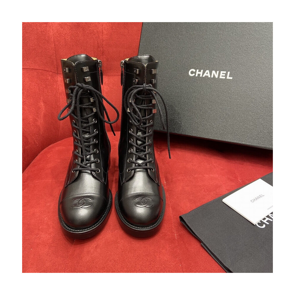 Chanel Calfskin Black Combat Lace-Ups Boots G34953