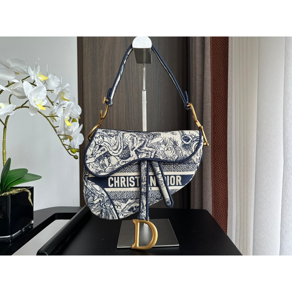 Dior Saddle Bag Blue Toile de Jouy Embroidery M0446