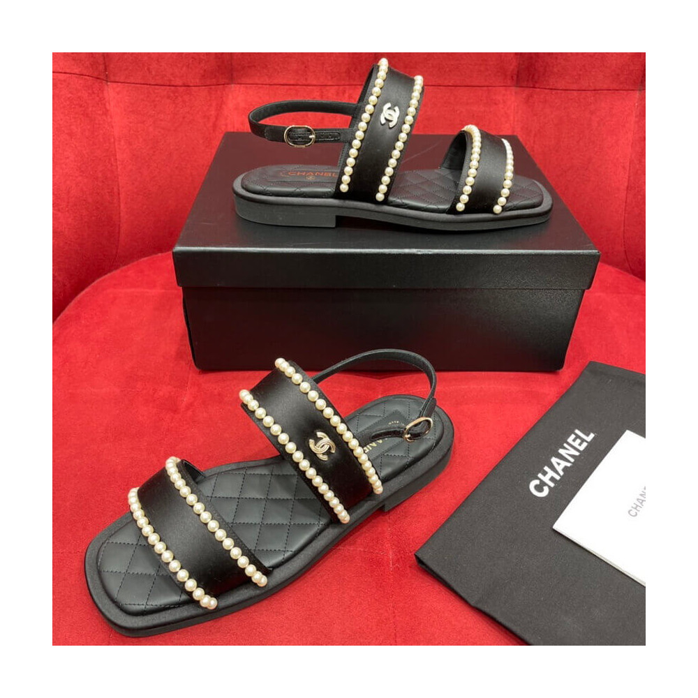 Chanel Satin &amp; Imitation Pearls Sandals G38423 Black