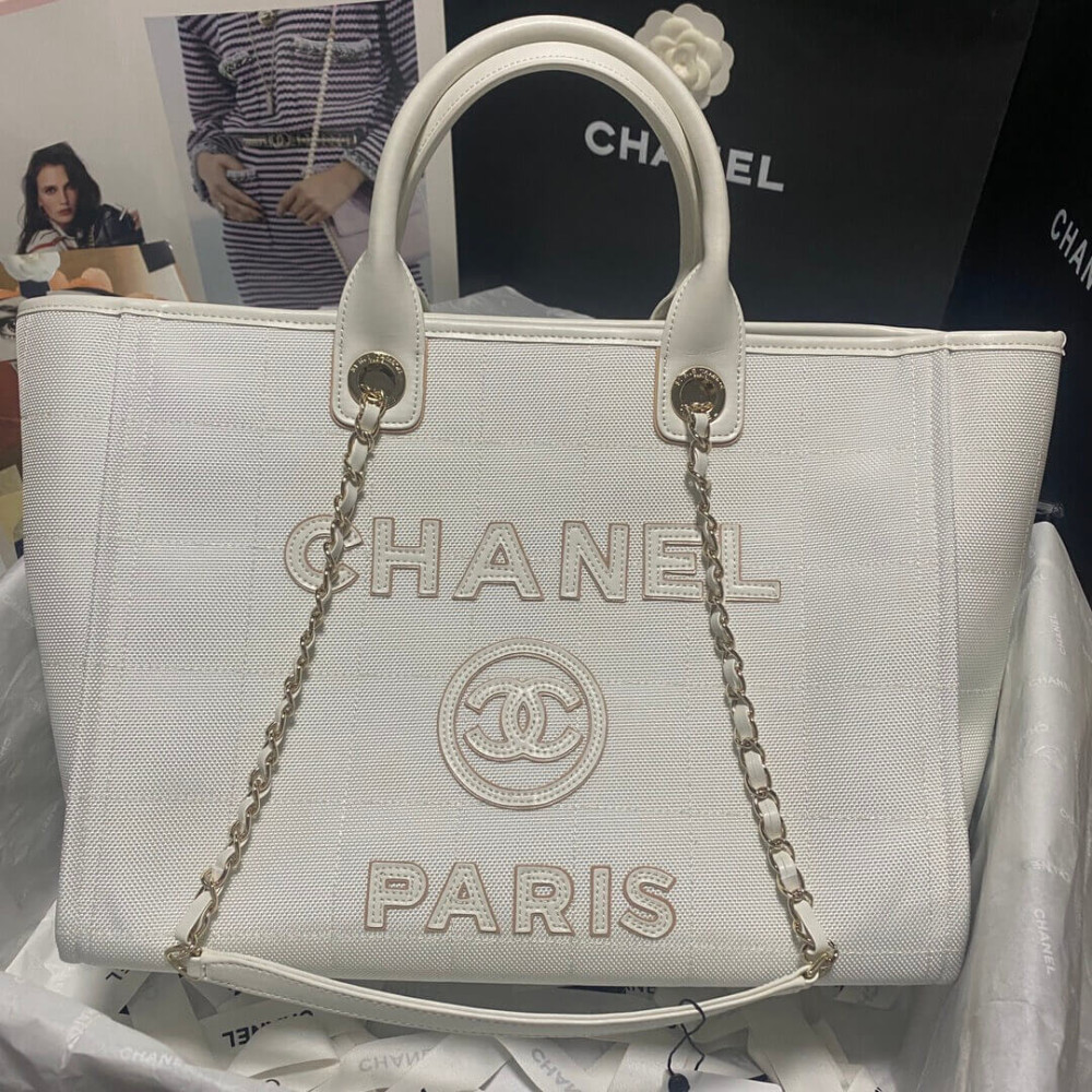 Chanel Deauville Cotton &amp; Calfskin Large Shopping Bag AS93786