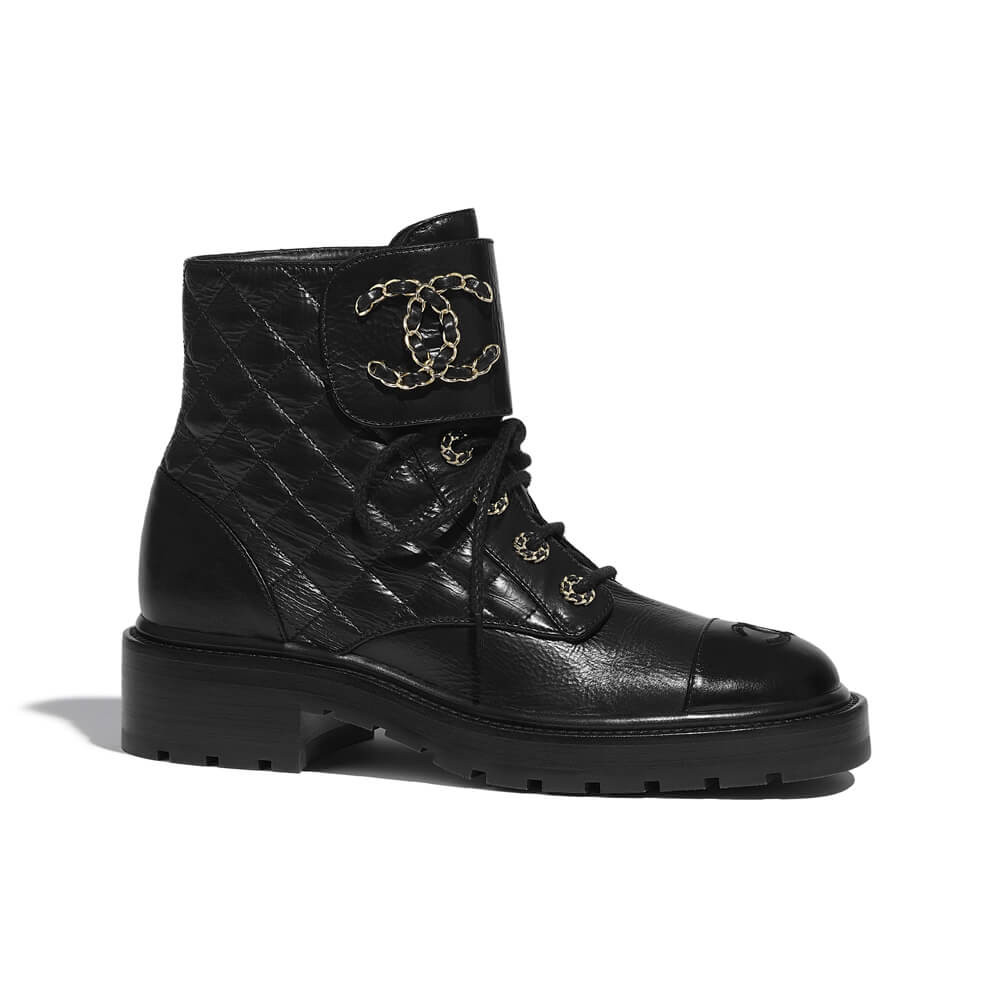 Chanel Black Quilted Gold CC Logo Chain Combat Lace Up Boots G36424