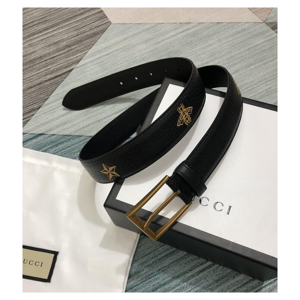 Gucci Calfskin Bees And Stars Print Belt 35mm 495125 Black