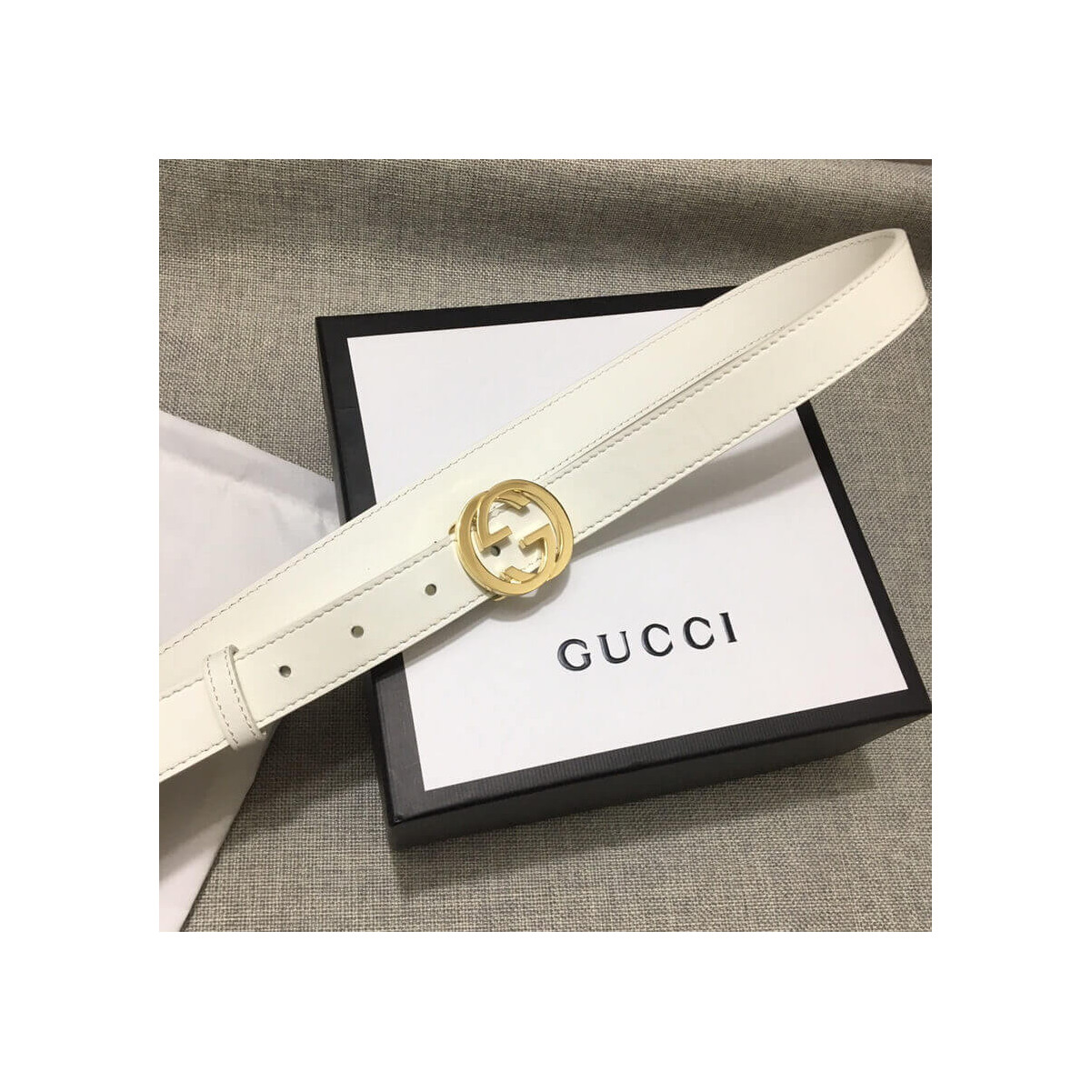 Gucci White Leather Belt With Double G Buckle 20mm