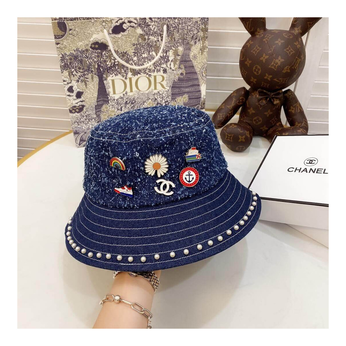 Chanel Badge Denim Bucket Hat D012