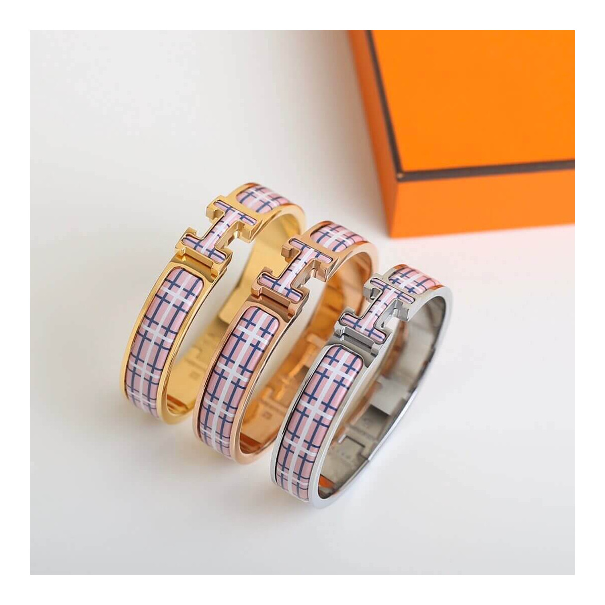 Hermes Clic H Tartan Bracelet H704 Pink