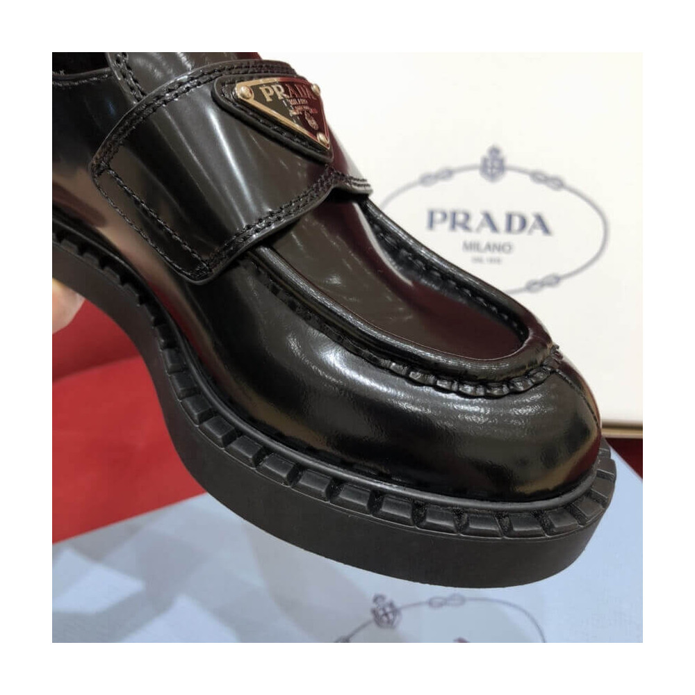 Prada Black Chocolate Brushed Leather Loafers 1D246M