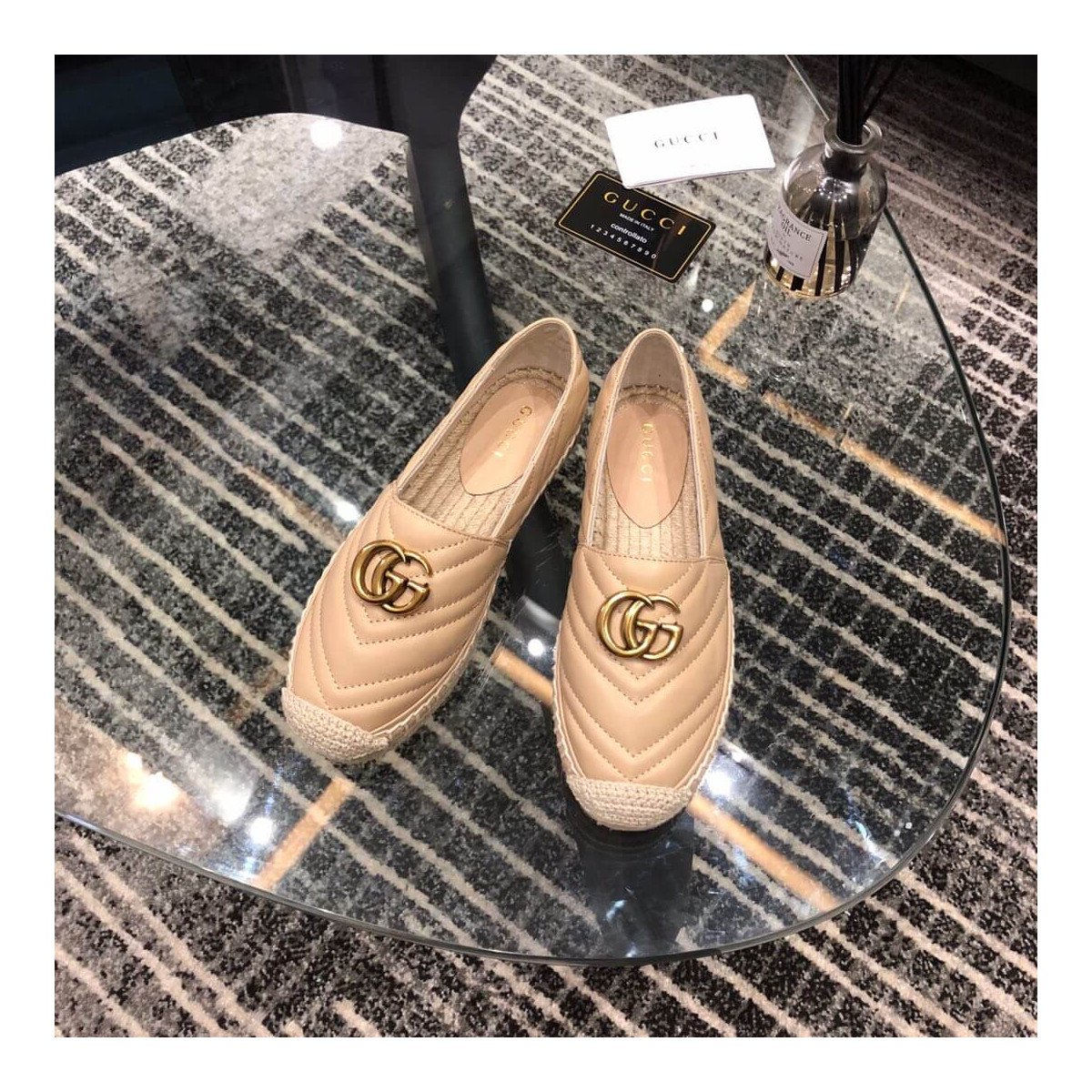 Gucci Chevron Leather Espadrille With Double G 551890 Beige