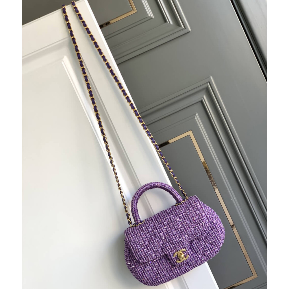 Chanel Mini Sequin Flap Bag with Top Handle Purple Tweed AS4573