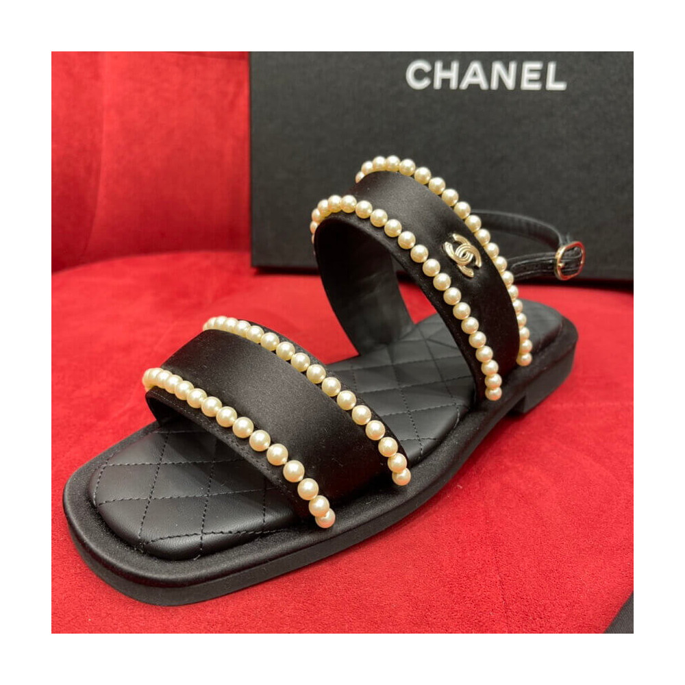 Chanel Satin &amp; Imitation Pearls Sandals G38423 Black