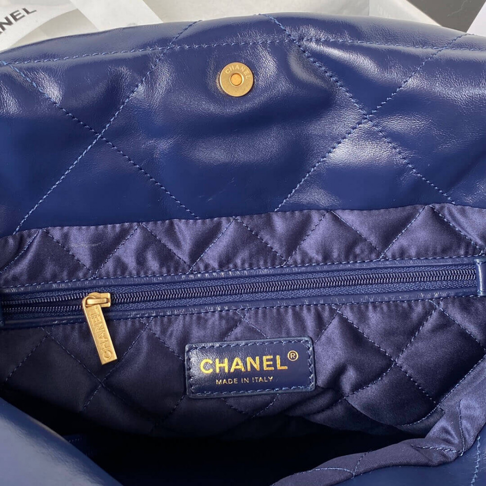 Chanel 22 Small Handbag Shiny Calfskin AS3260 Blue Gold