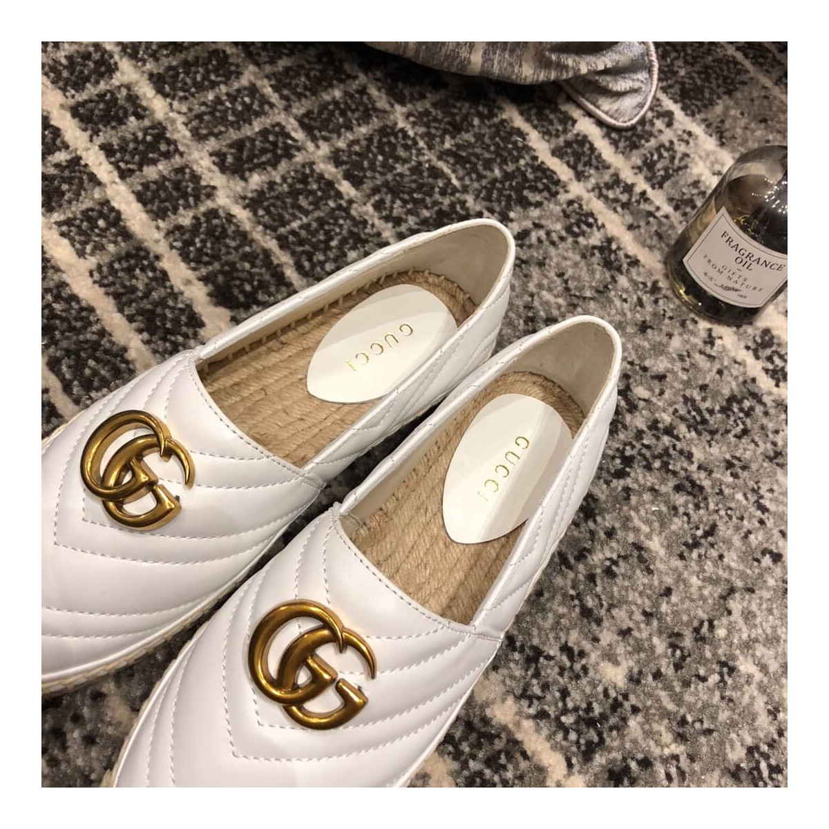 Gucci Chevron Leather Espadrille With Double G 551890 White