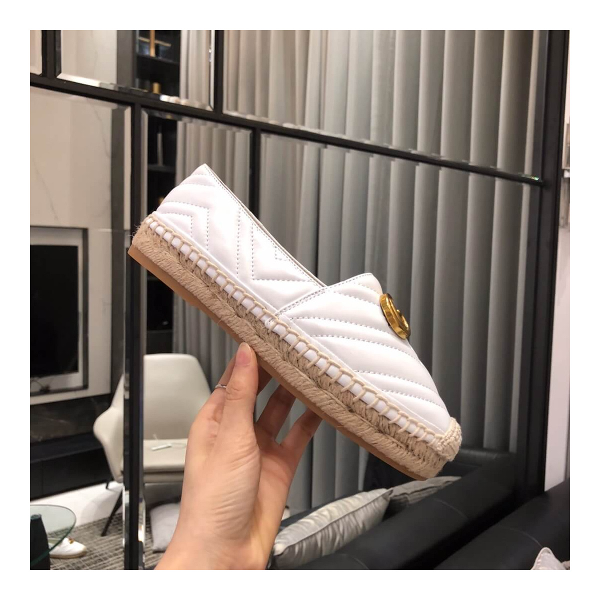 Gucci Chevron Leather Espadrille With Double G 551890 White