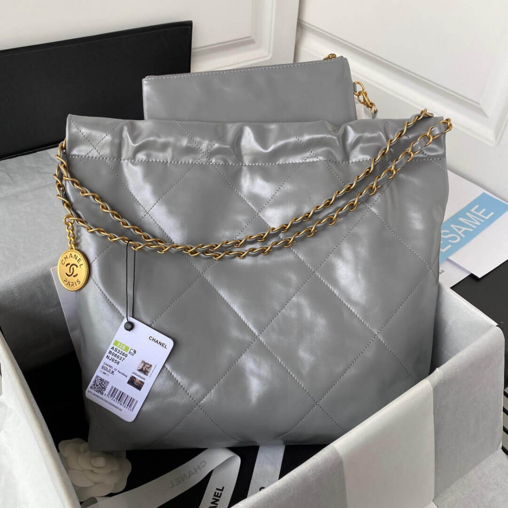 Chanel 22 Small Handbag Shiny Calfskin AS3260 Grey With logo Gold