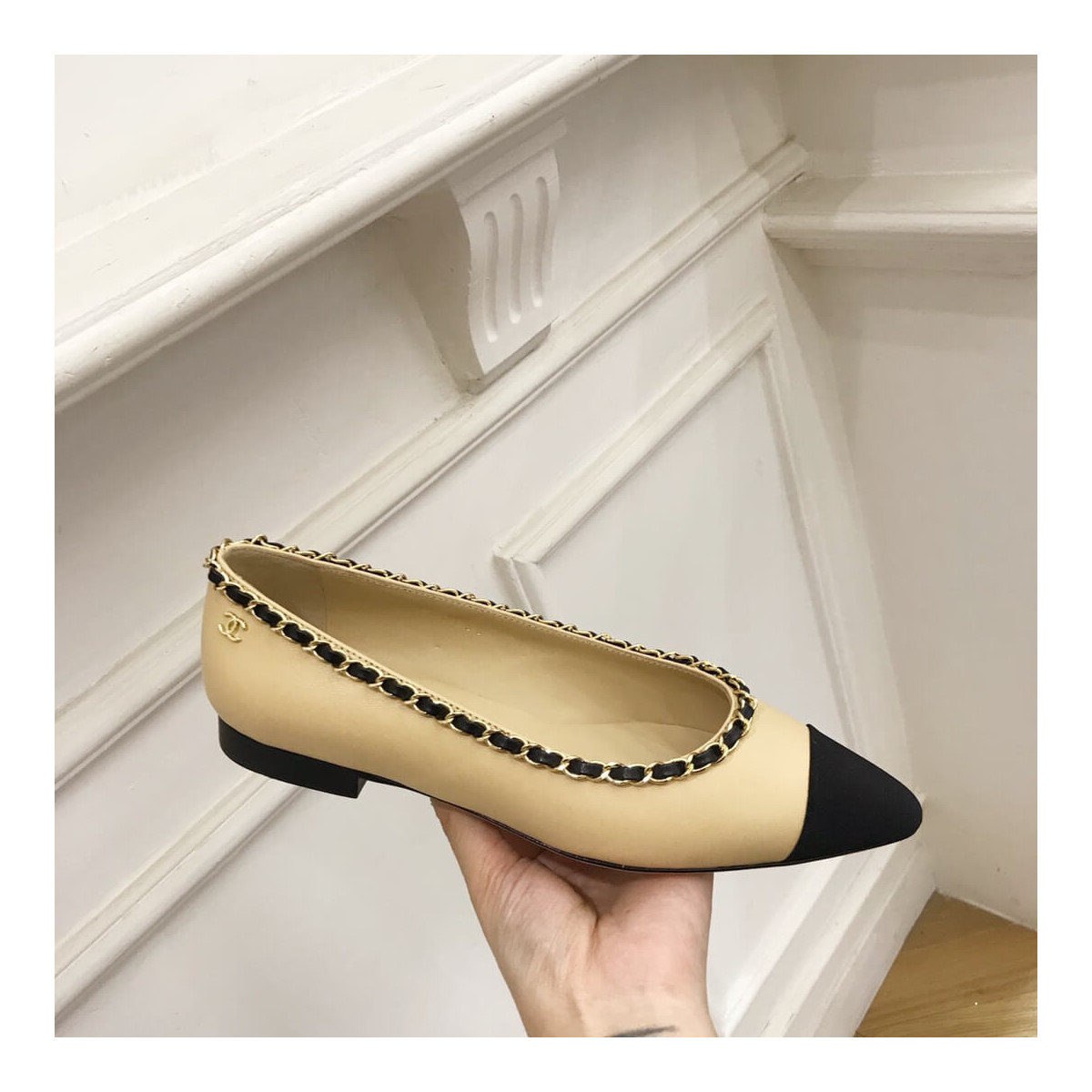 Chanel Grosgrain and Lambskin Chain Flats Ballerinas G35389