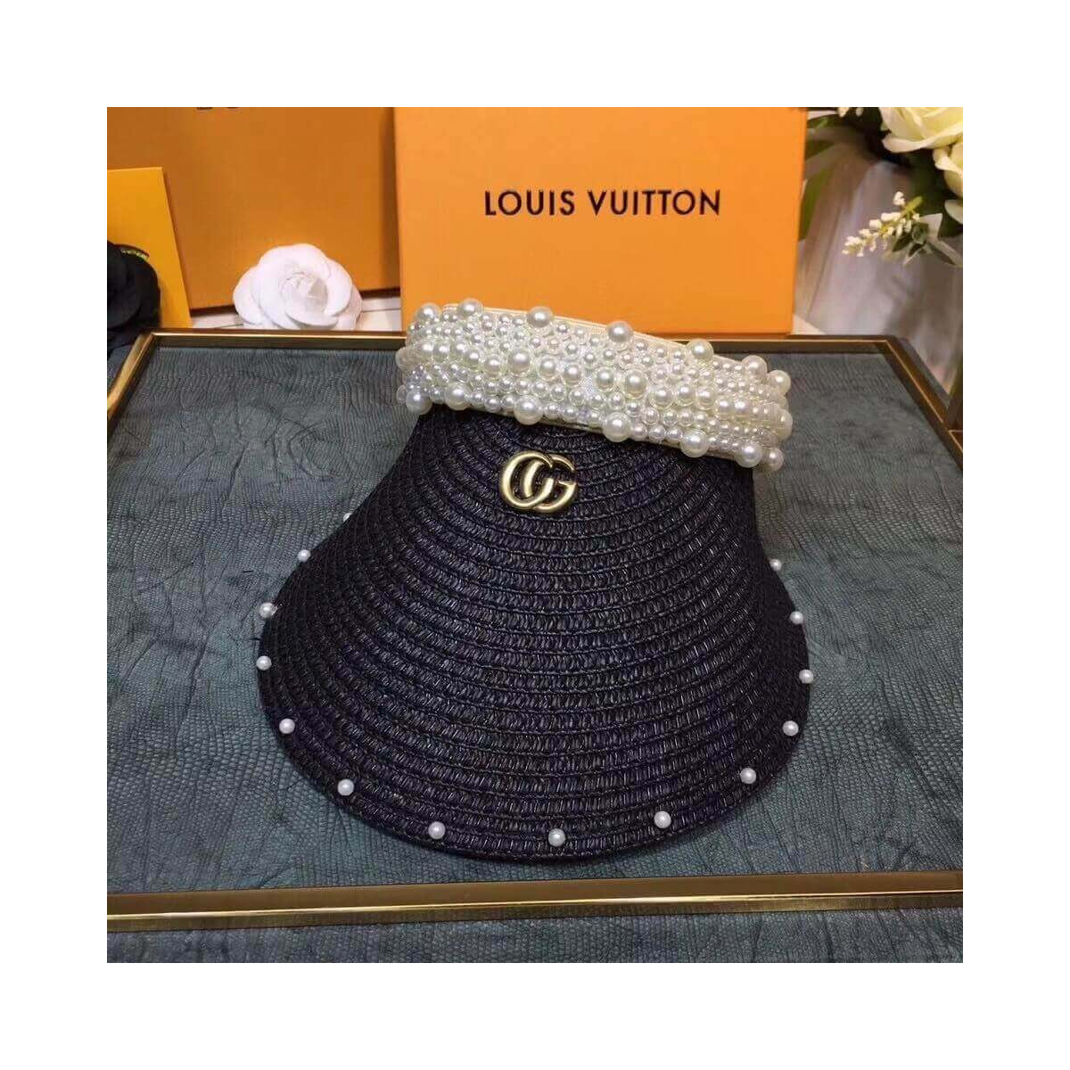 Gucci Straw Effect Brim Visor With Pearl 628545