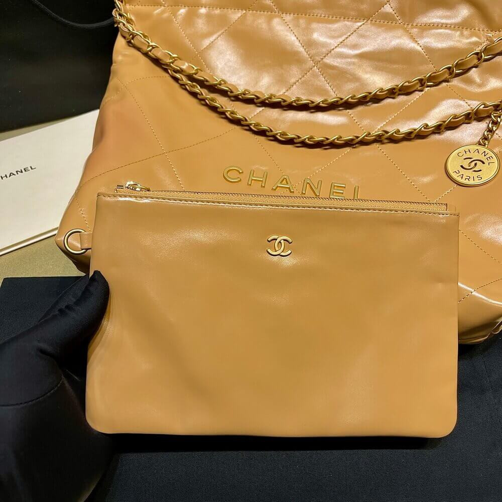 Chanel 22 Small Handbag Shiny Calfskin AS3260 Camel Gold Metal