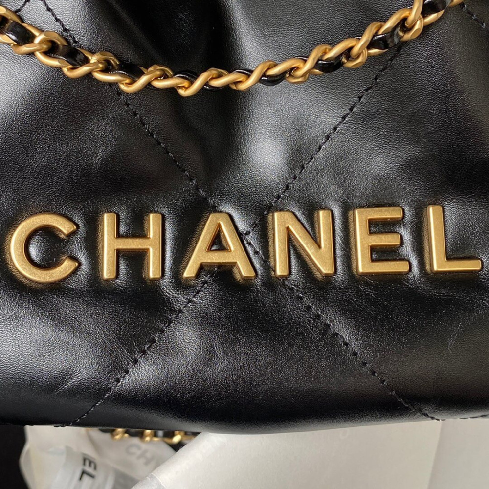 Chanel Mini 22 Handbag Shiny Calfskin &amp; Gold Metal AS3980 Black