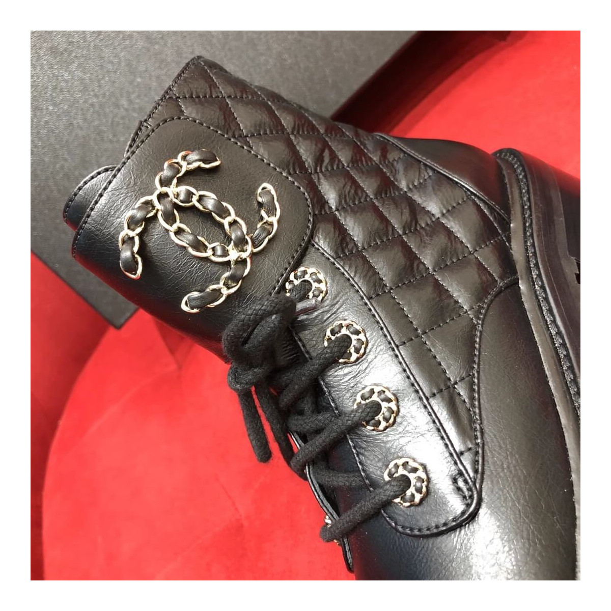 Chanel Black Quilted Leather Lace Up Boots