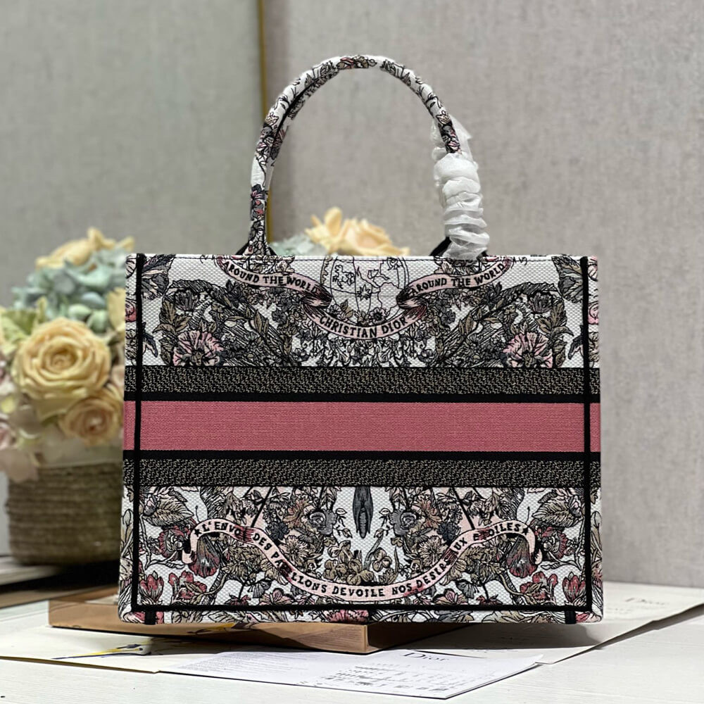 Dior Book Tote White and Pastel Pink Butterfly Around The World Embroidery