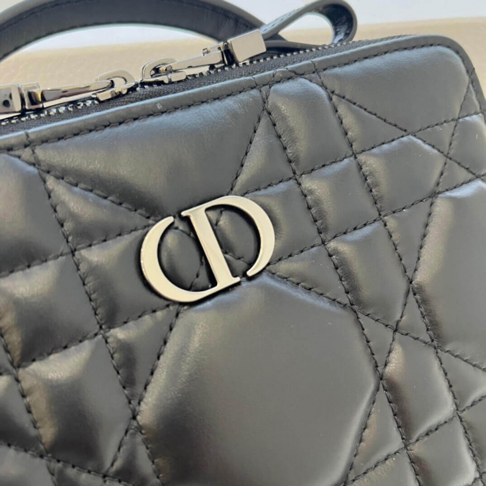 Christian Dior Caro Box Bag With Chain Black Quilted Macrocannage Calfskin S5140