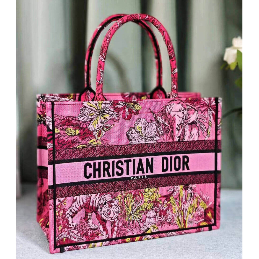 Christian Dior Book Tote Fuchsia Multicolor Toile De Jouy Voyage Embroidery