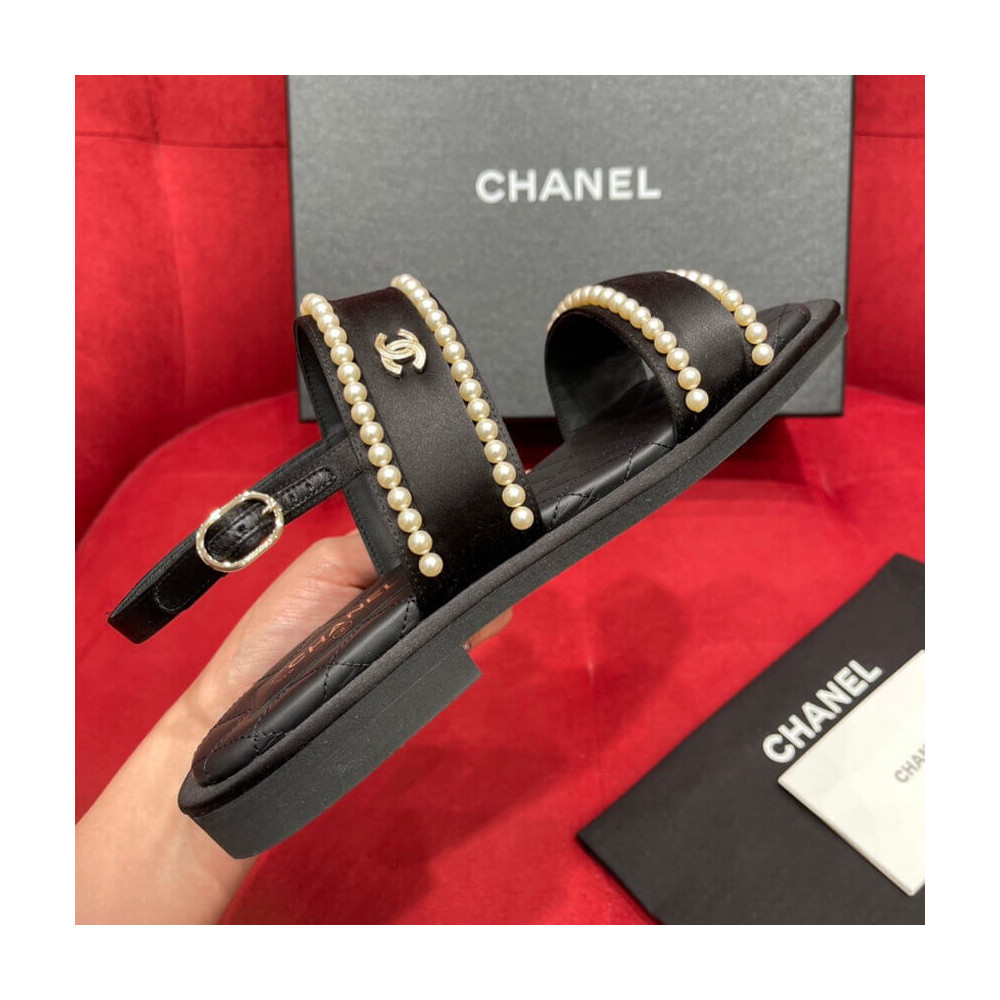 Chanel Satin &amp; Imitation Pearls Sandals G38423 Black