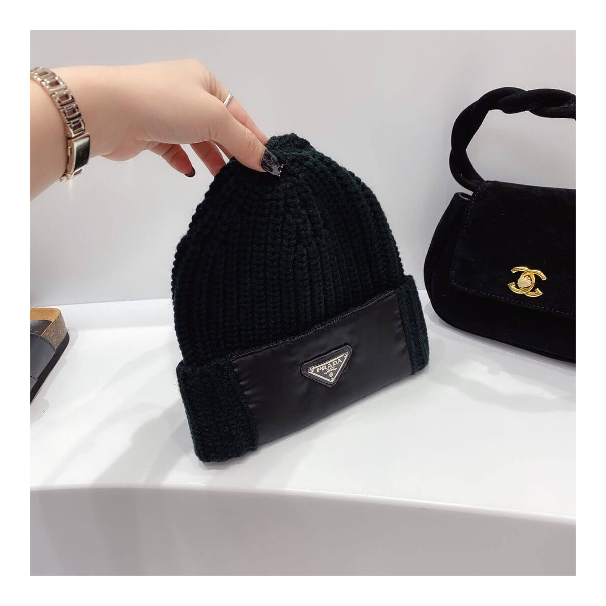 Prada Logo Rib-Knit Beanie Hat 2HC139