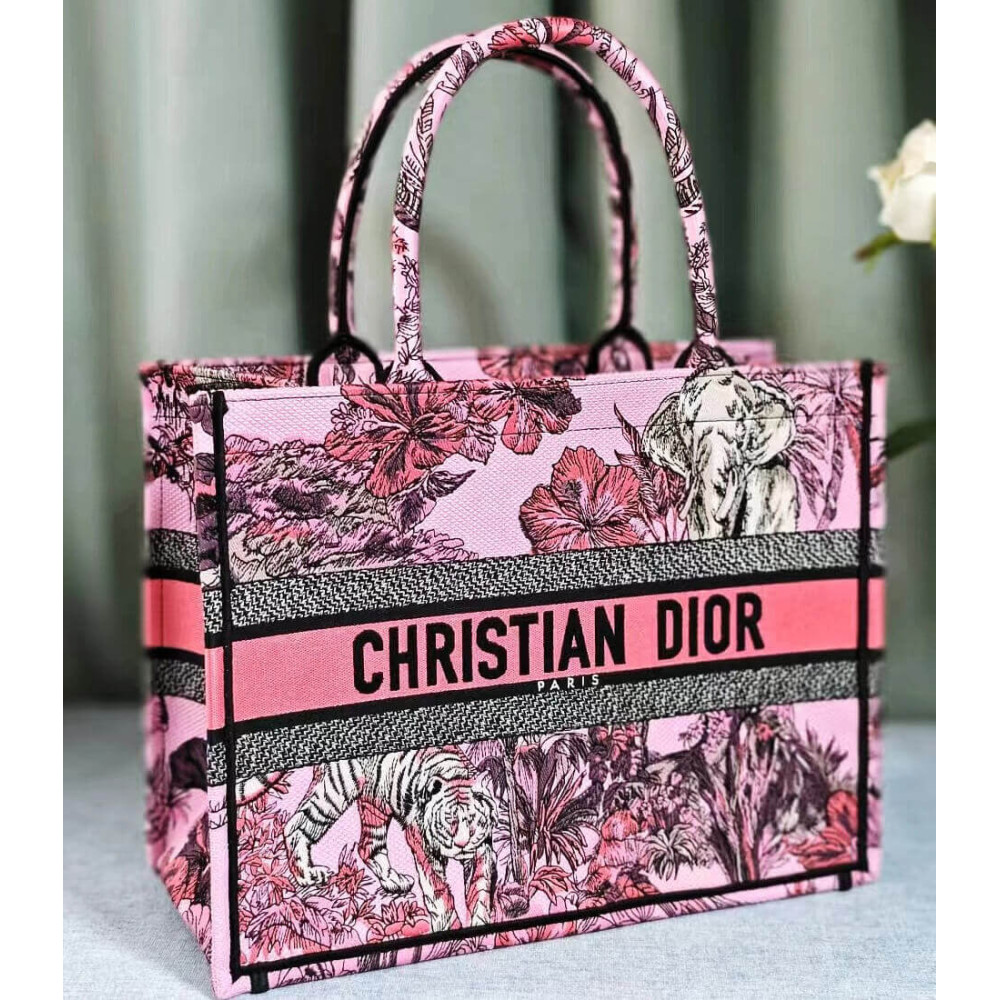 Christian Dior Book Tote Pink Multicolor Toile de Jouy Voyage Embroidery