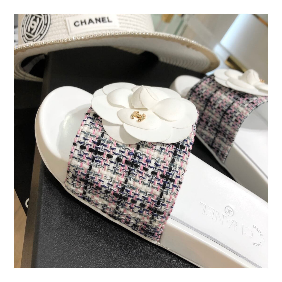 Chanel Camellia Iconic Tweed Flower Mules G14020