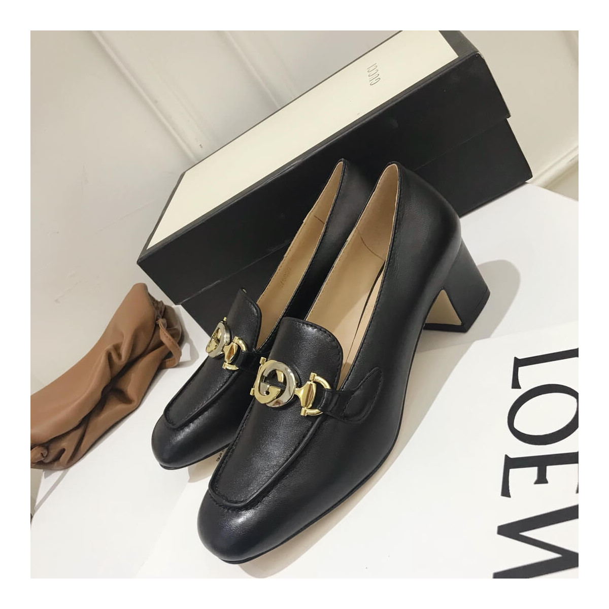 Gucci Zumi Leather Mid-Heel Loafer 575832 Black