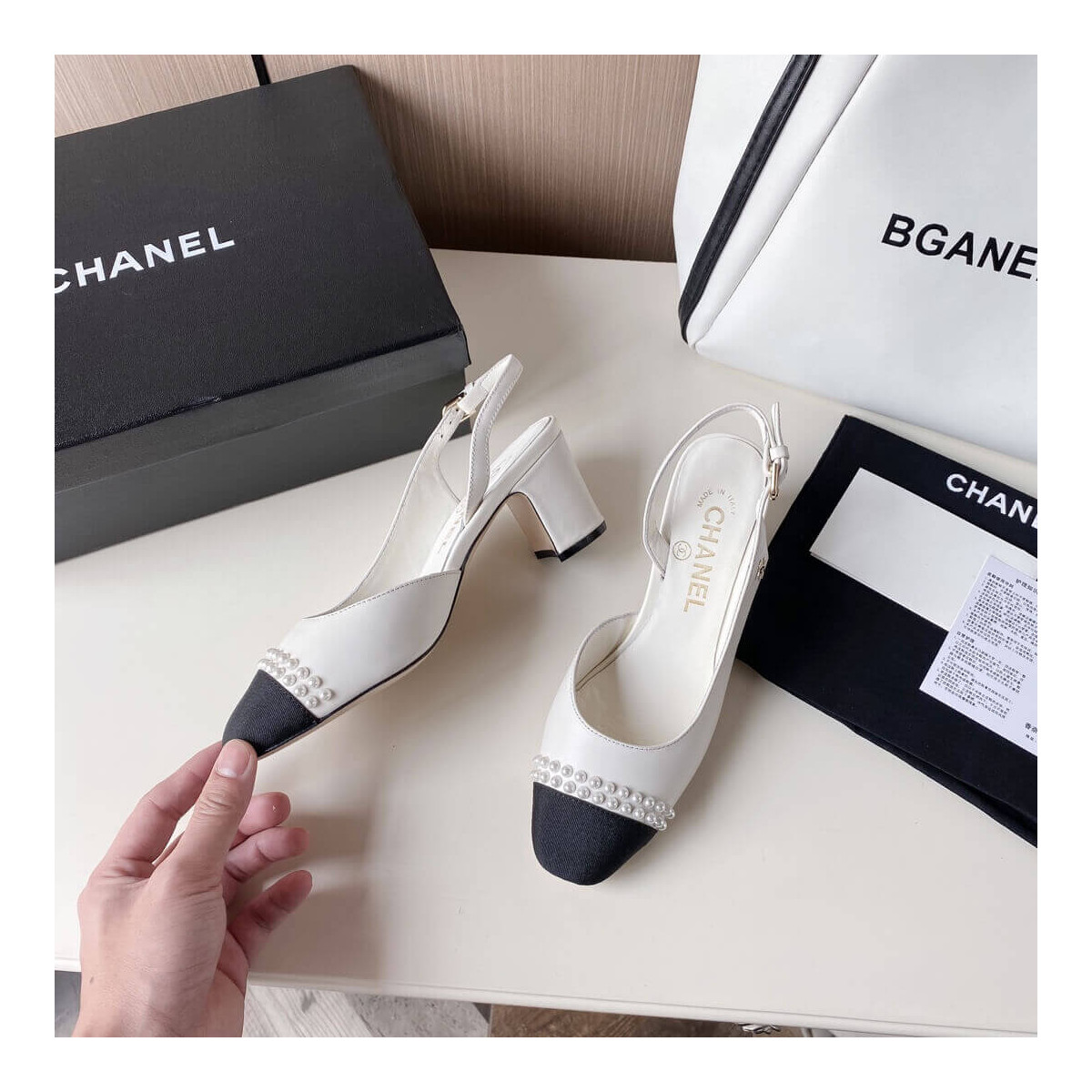 Chanel Pearl Embellished CC Cap Toe Slingbacks 36124