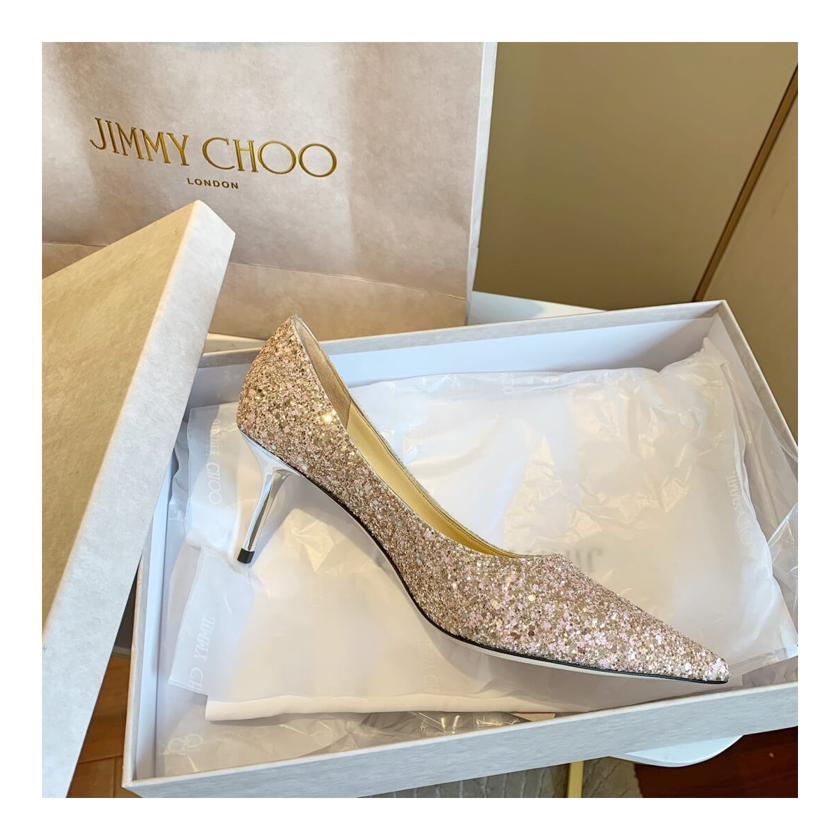 Jimmy Choo Pink Gold Romy Glitter Fabric Pointy Toe Pumps 120011