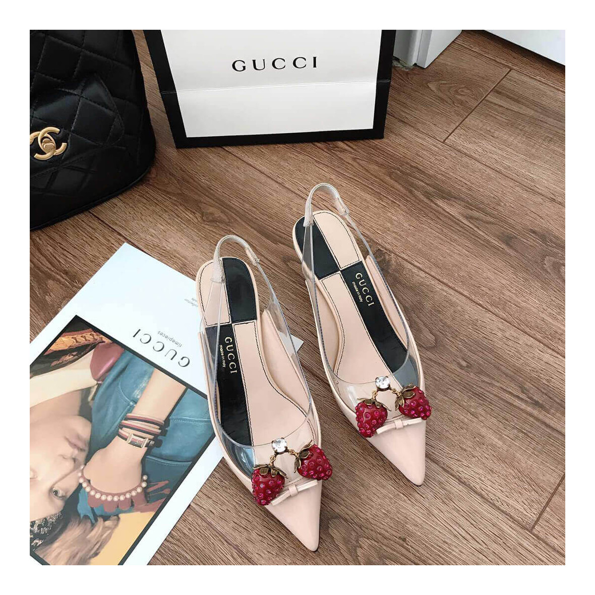 Gucci Eleonor Strawberry Patent Slingback Pumps 286148 Beige