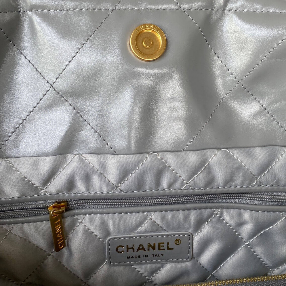 Chanel 22 Small Handbag Shiny Calfskin AS3260 Grey With logo Gold