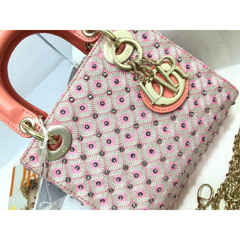 Lady Dior Mini Coral Pink Two-Tone Thread Embroidery Bag M0505 With Honeycomb Pattern And Rhinestones